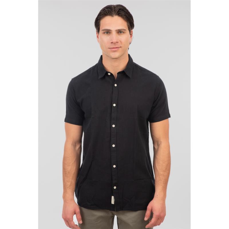 Rebase - SHIRTS SHORT SLEEVE LINEN BLEND WITH STANDARD COLLAR - BLACK