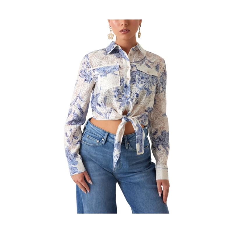 Πουκάμισα Guess ADELAIDE PRINTED LONGSLEEVE CROP SLIM FIT SHIRT WOMEN