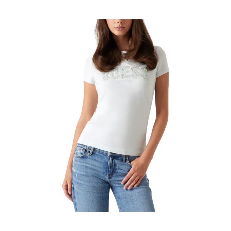 T-shirt με κοντά μανίκια Guess LOGO LACE CREW NECK SLIM FIT T-SHIRT WOMEN
