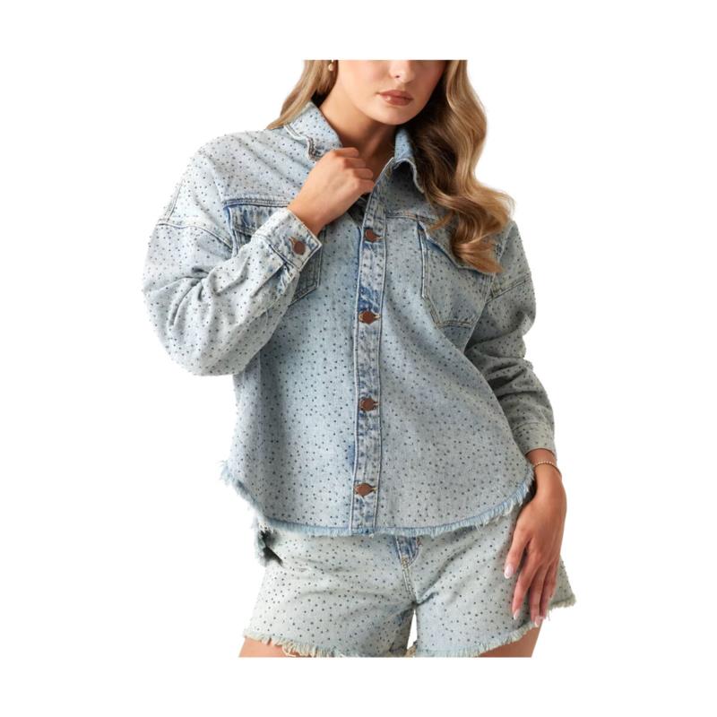 Χοντρό μπουφάν Guess DENIM RHINESTONE EMBELLISHED SHACKET WOMEN