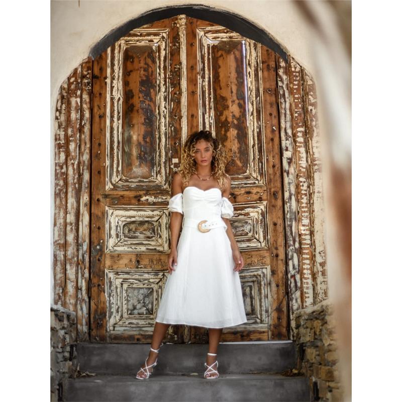 Glamorous Φόρεμα Midi Off Shoulder Λευκό – Fasten Your Dress