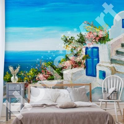 Σπίτι κοντά στη θάλασσα με πολύχρωμα λουλούδια. Ελλάδα Ταπετσαρίες Τοίχου 41 x 61 cm