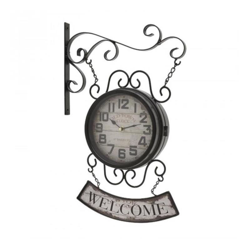 Ρολόι σταθμού μεταλλικό σε καφέ χρώμα Welcome διπλής όψης 33x11x51cm Inart 3-20-977-0094